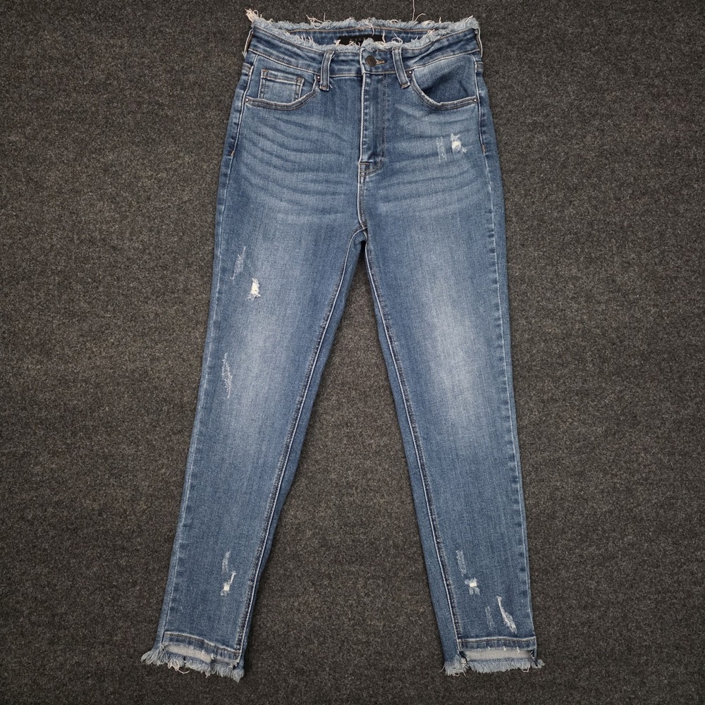 Risen Womens 27/5 Blue Skinny Distressed Jeans Medium Wash Comfort Stretch